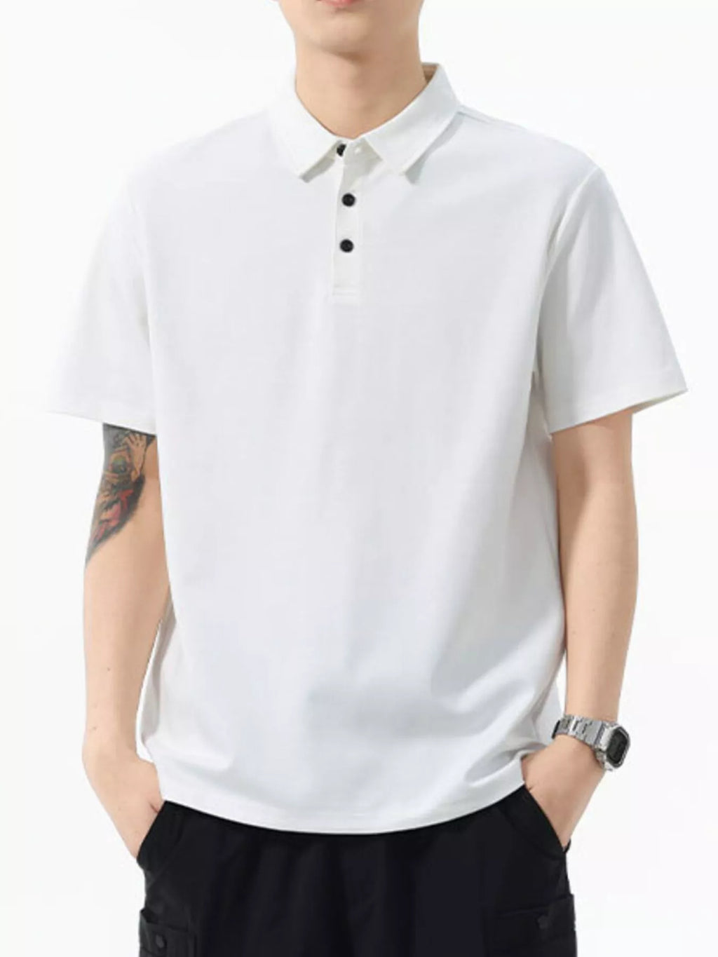 Button Detail Short Sleeve Polo Plus Size in White for Men