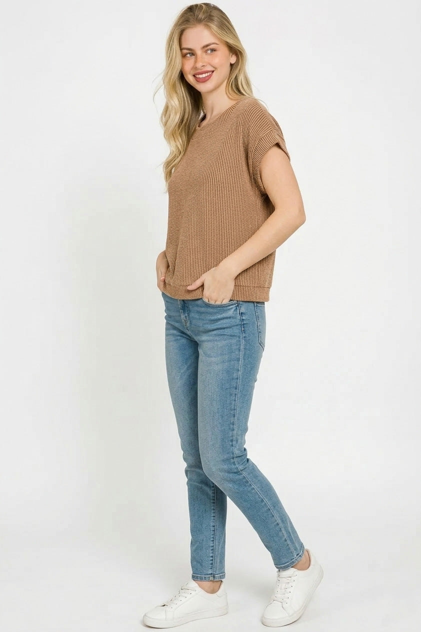Raised Rib Cap Sleeve Top in Brown for Women