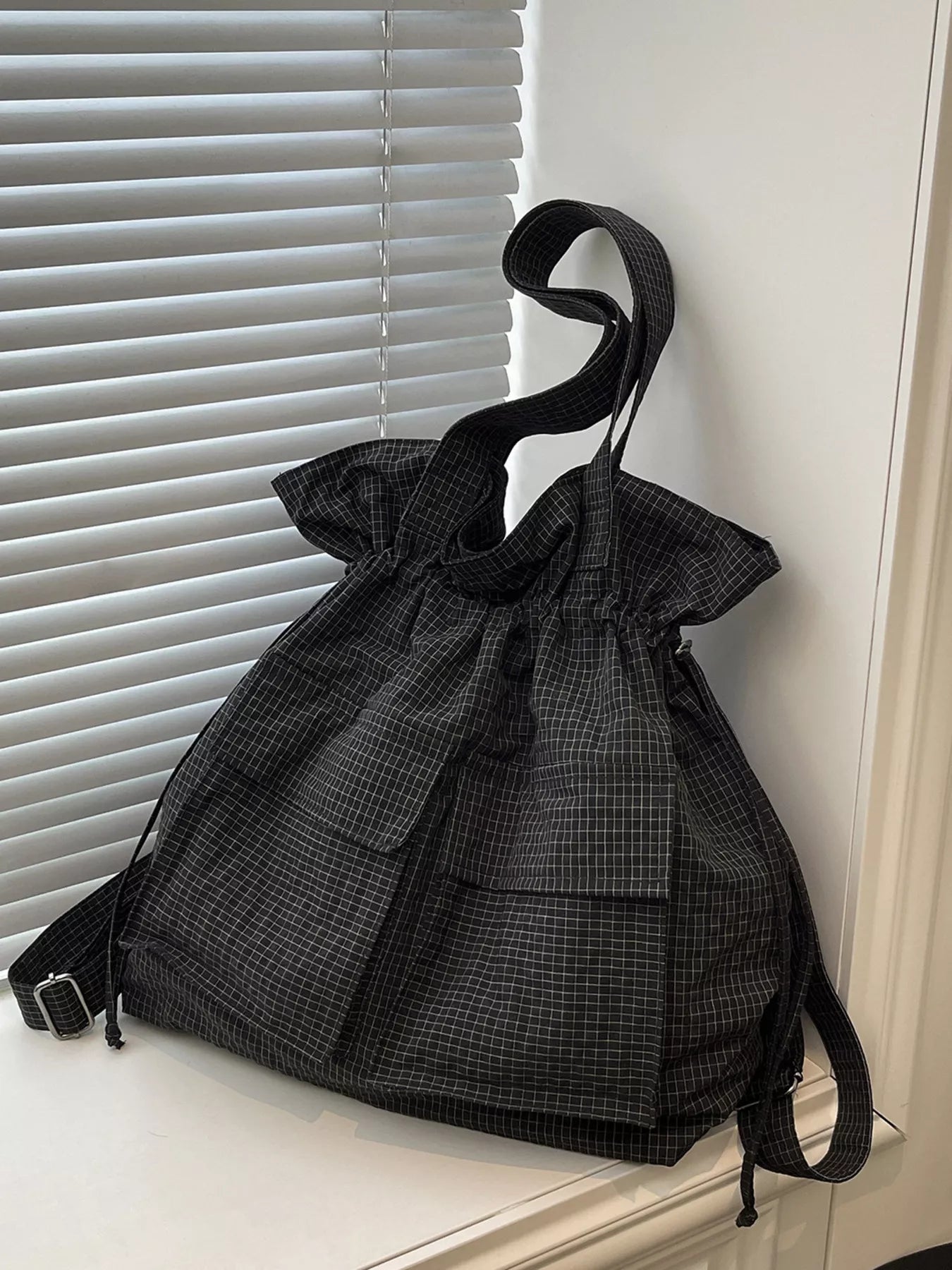 Convertible Plaid Drawstring Backpack Bag for Women