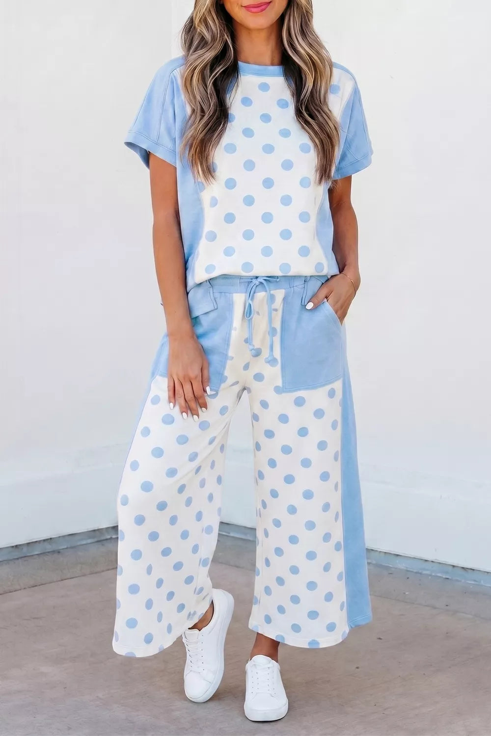Color Block Patchwork Polka Dot Wide Leg Pant Set in Light Blue for Women