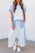 Color Block Patchwork Polka Dot Wide Leg Pant Set in Light Blue for Women