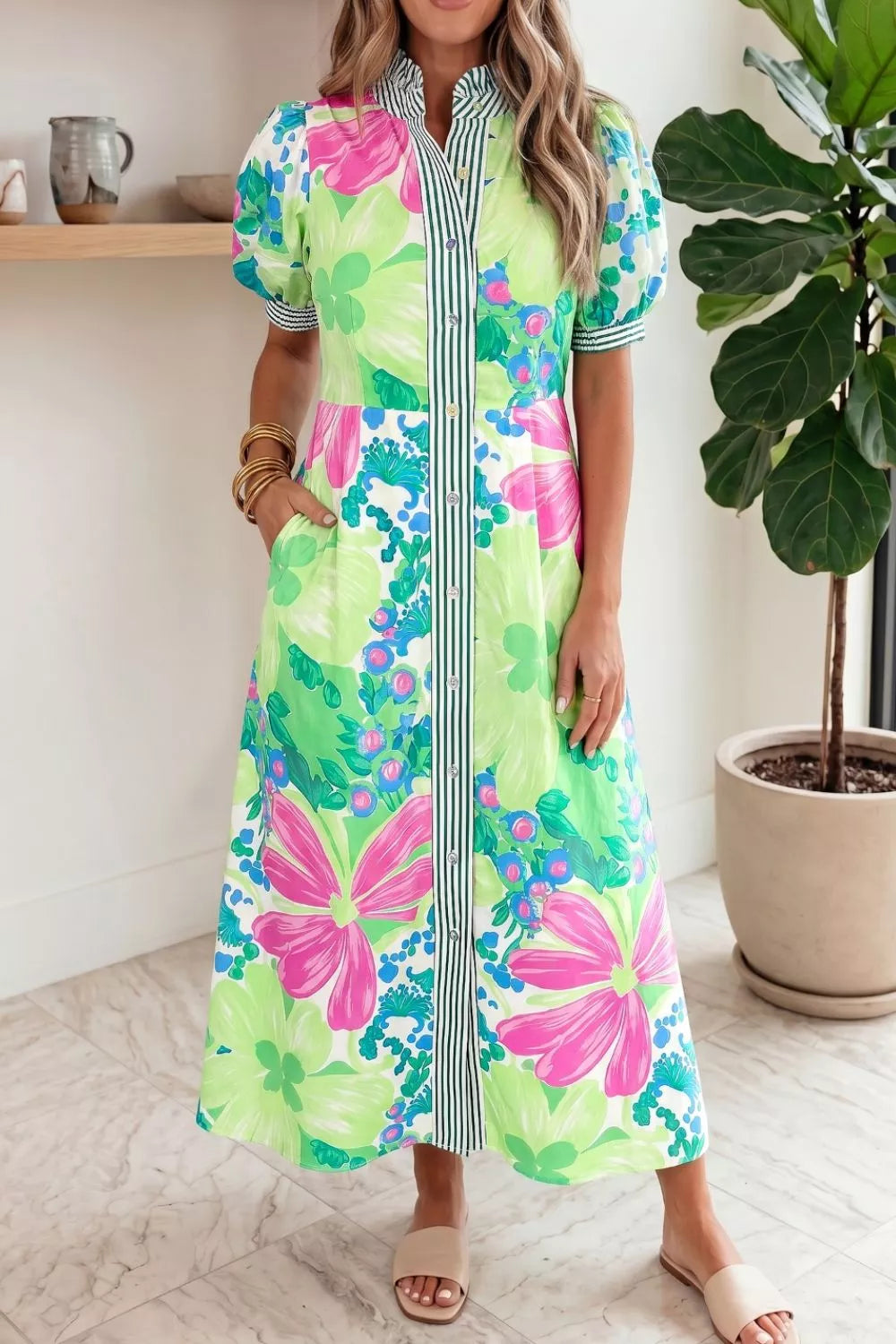 Floral Print Button-Up Midi Dress with Puff Sleeves in Neon Green for Women