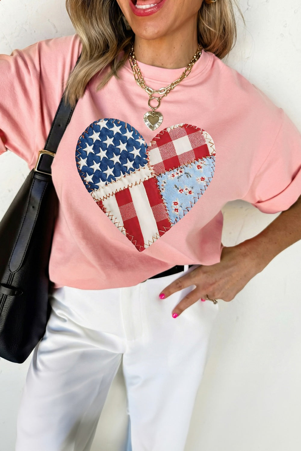 Patriotic Heart Round Neck Tee in Pale Blush for Women
