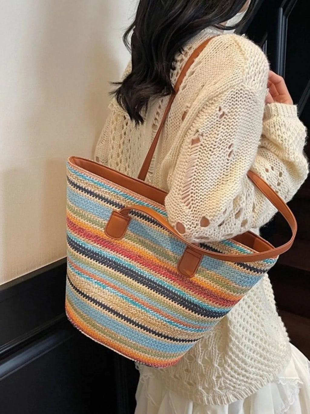 Striped Woven Shoulder Bag for Women