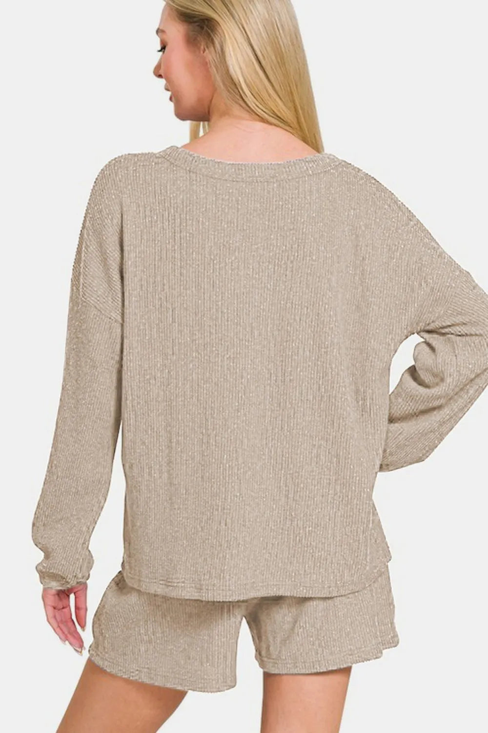 V-Neck Long Sleeve Ribbed Top and Shorts Set in Khaki for Women