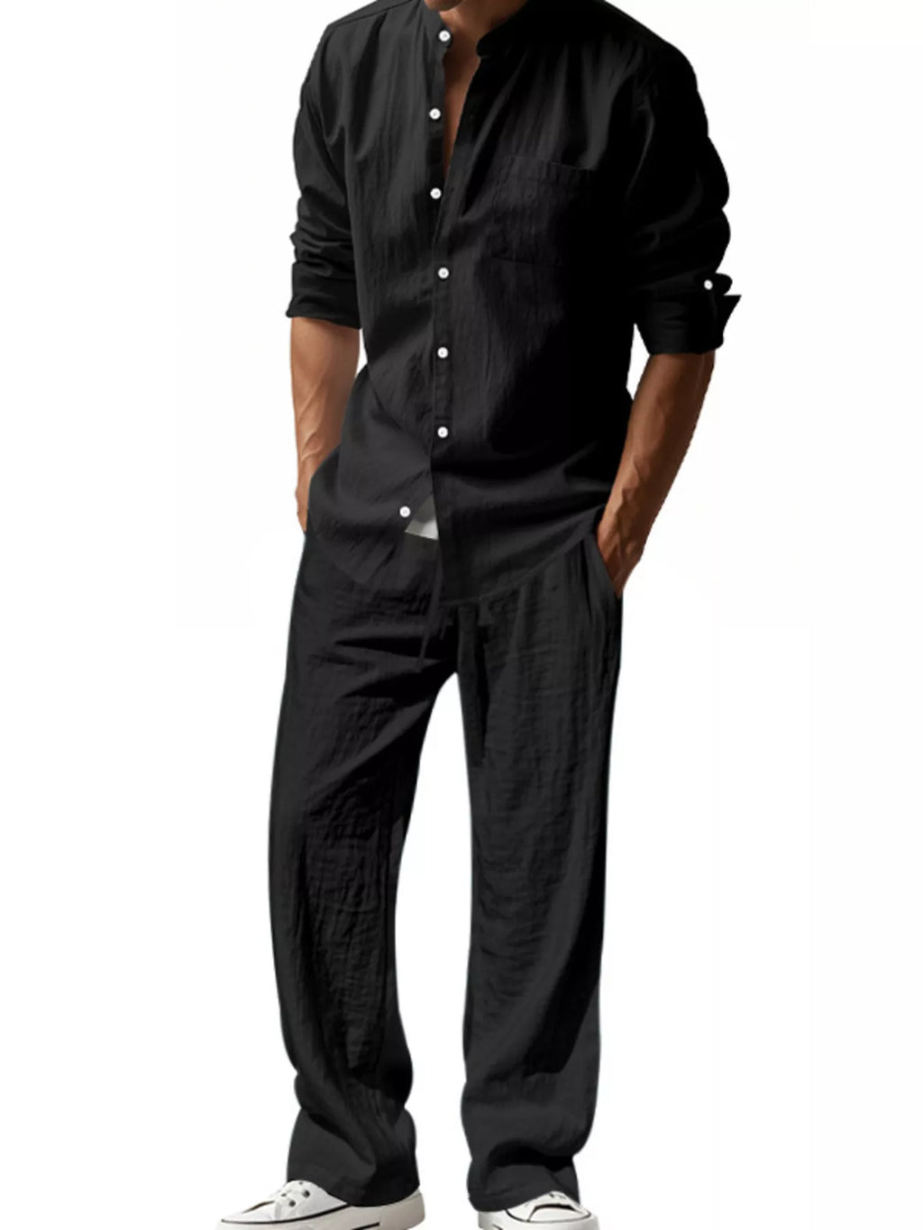 Button Up Long Sleeve Shirt and Pants Plus Size in White for Men