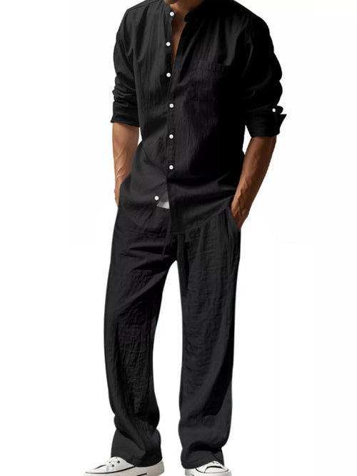 Button Up Long Sleeve Shirt and Pants Plus Size in White for Men