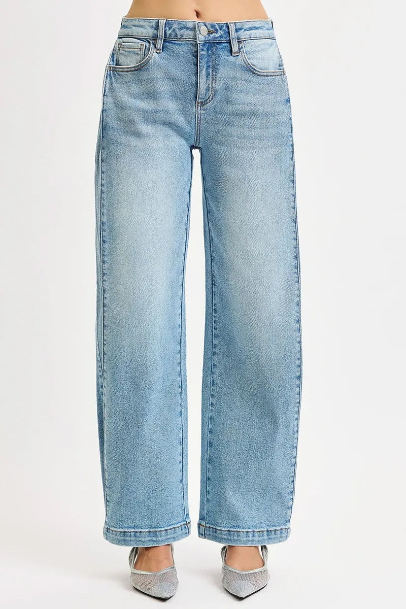 Mid Rise Wide Barrel Transferable Leg Snap Jeans in Medium for Women