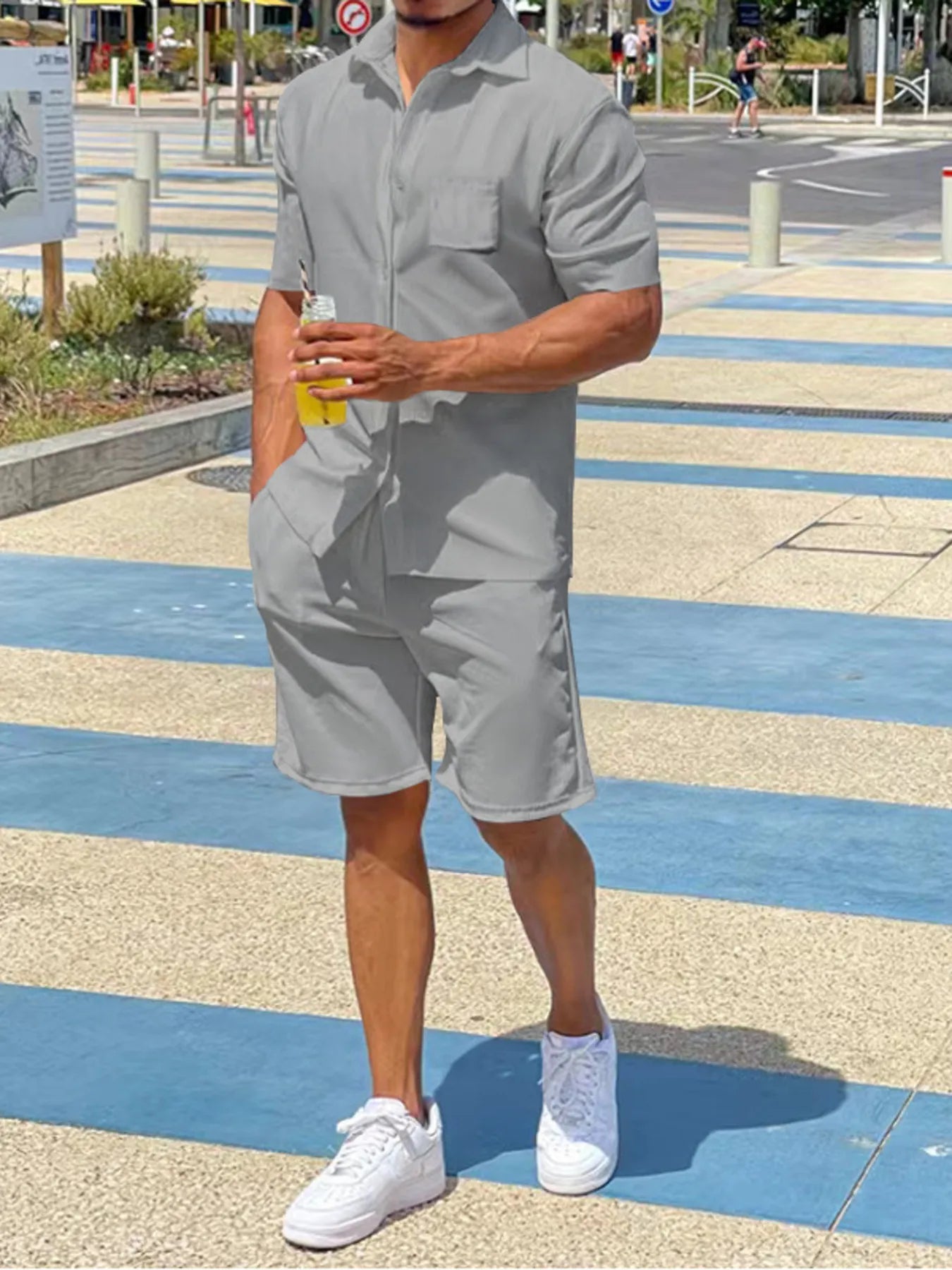 Plus Size Button Up Shirt and Shorts Set in Military Green for Men