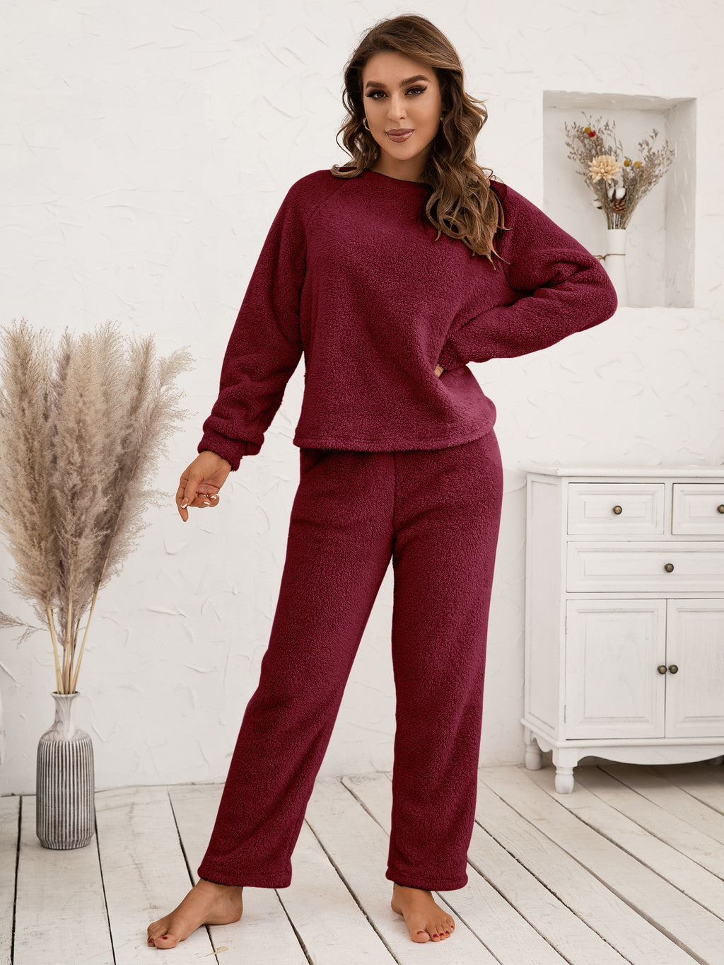 Ivy Lane Teddy Long Sleeve Top and Pants Lounge Set in Light Blue for Women