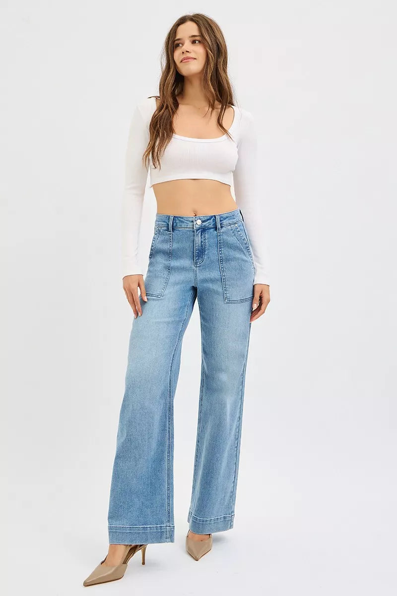 High Rise Straight Leg Jeans with Front Pockets Plus Size in Medium for Women