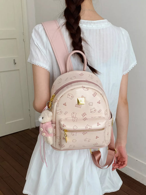 Cartoon Pattern Backpack Bag with Bear Pendant in Blush Pink for Women