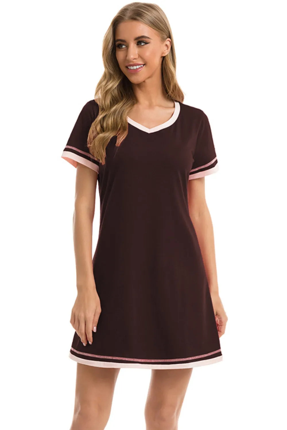 Contrast Trim Short Sleeve Lounge Dress in Gray for Women