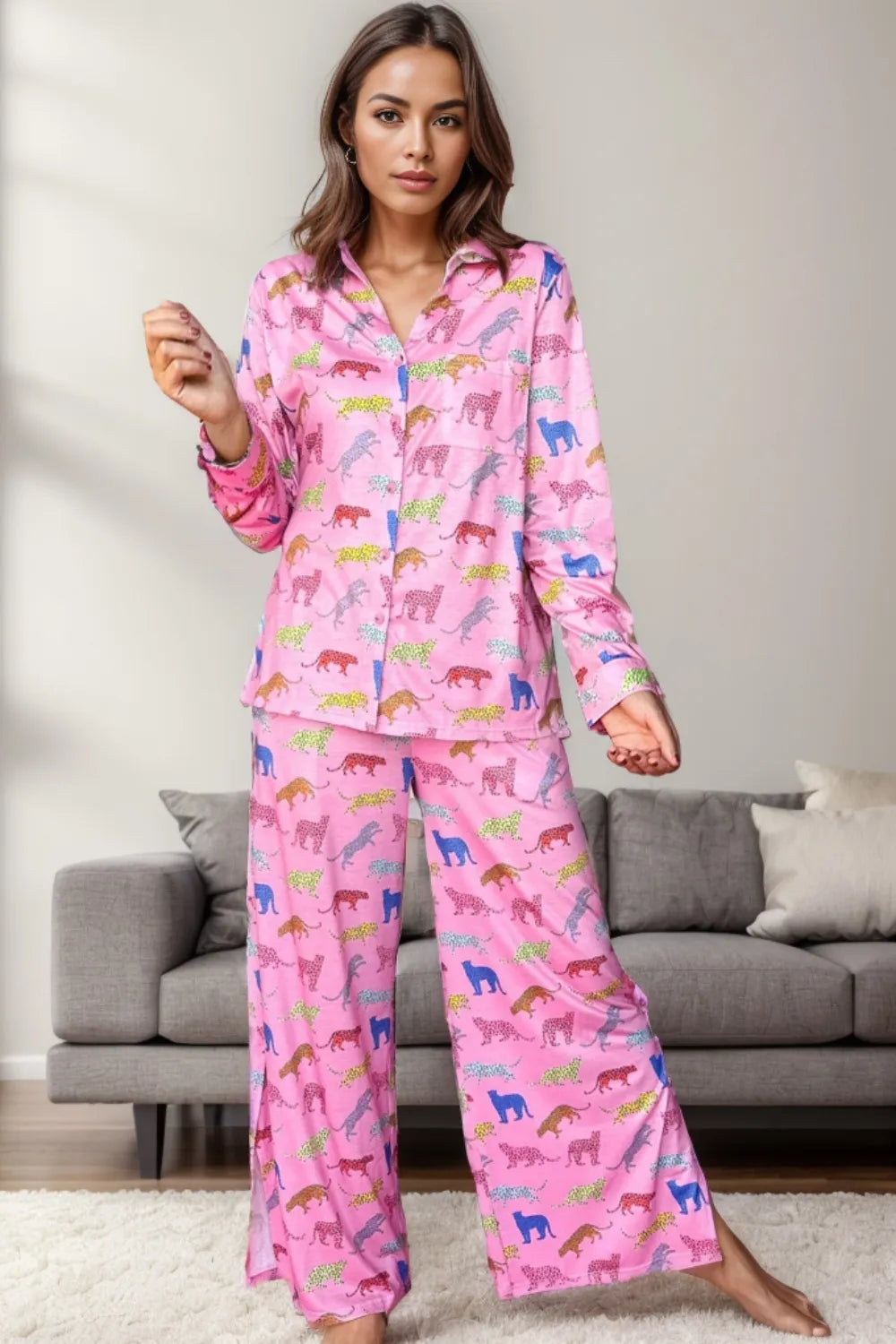 Pocketed Printed Top and Pants Lounge Set in Pink for Women
