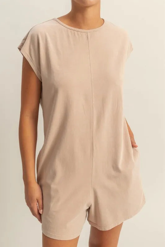 Round Neck Cap Sleeve Relaxed Fit Breezy Romper in Tan for Women