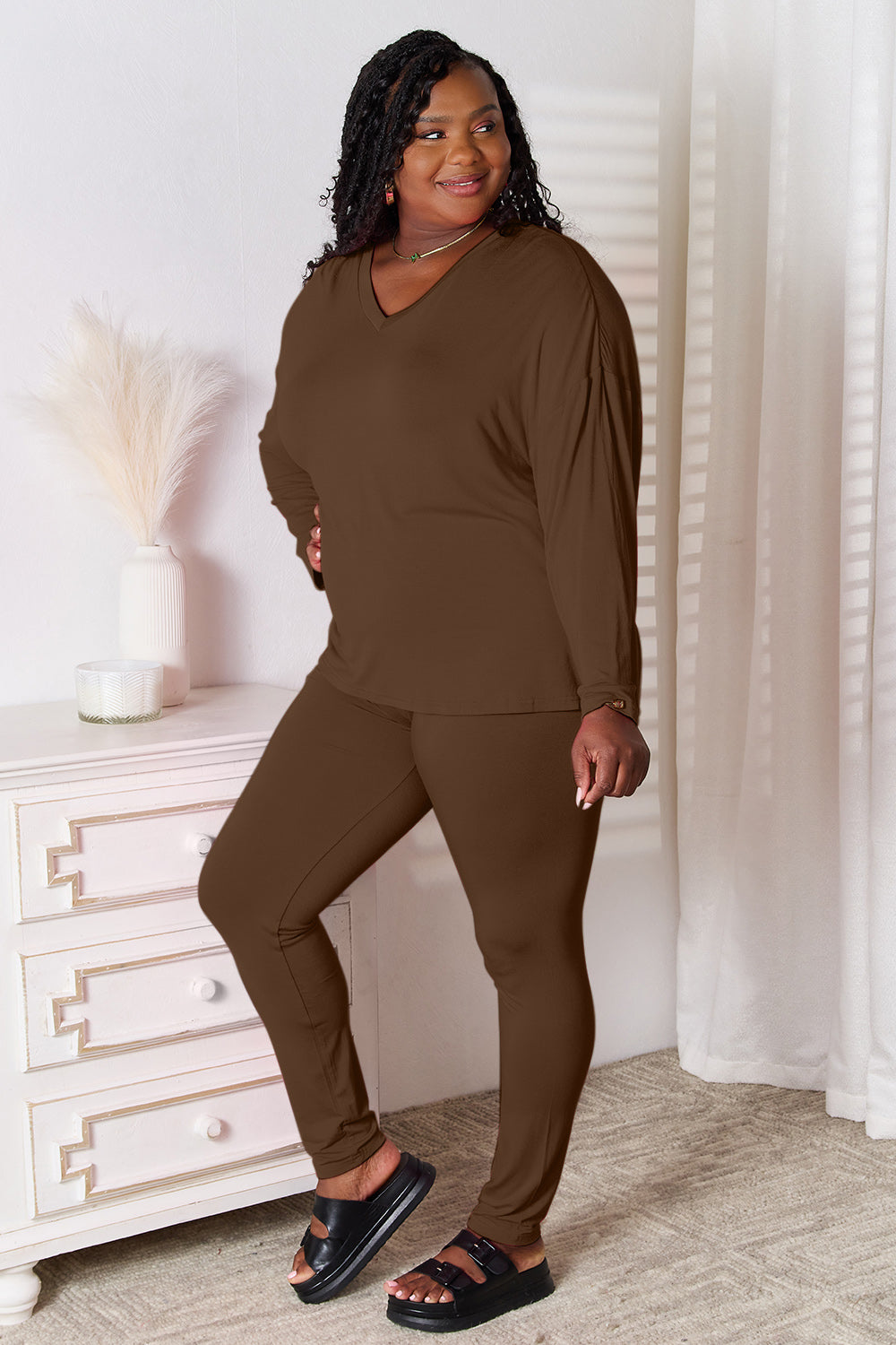 Plus Size V-Neck Soft Rayon Long Sleeve Top and Pants Lounge Set in Mocha for Women