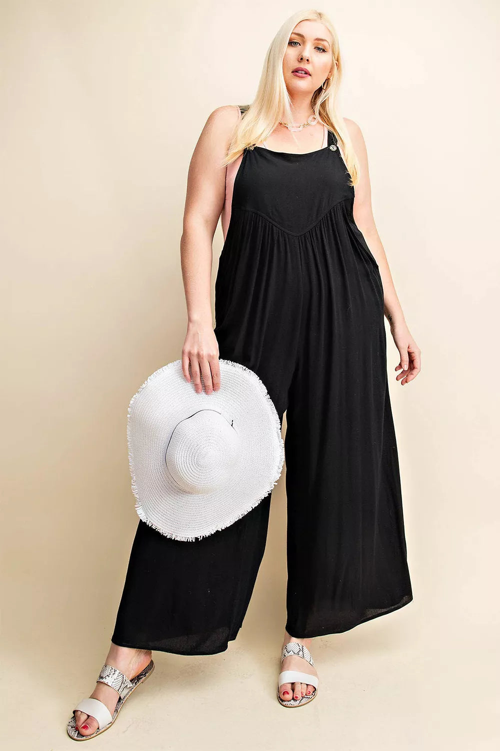 Kori America Plus Size Sleeveless Ruched Wide Leg Overalls in Black for Women