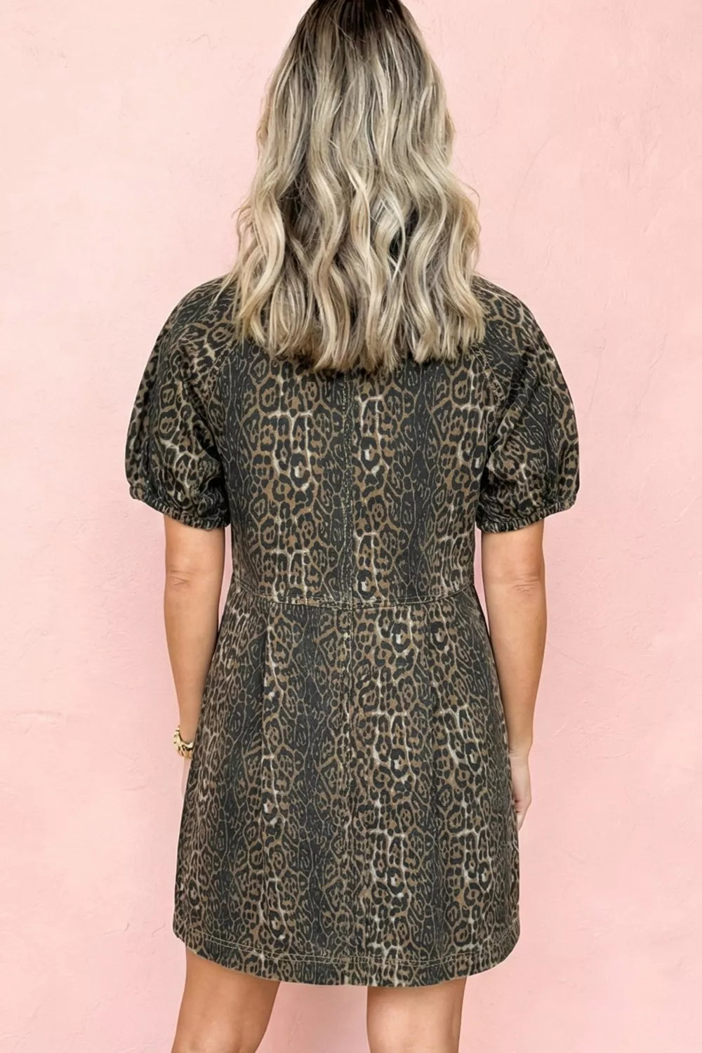Leopard Print Puff Sleeve Denim Dress in Leopard for Women