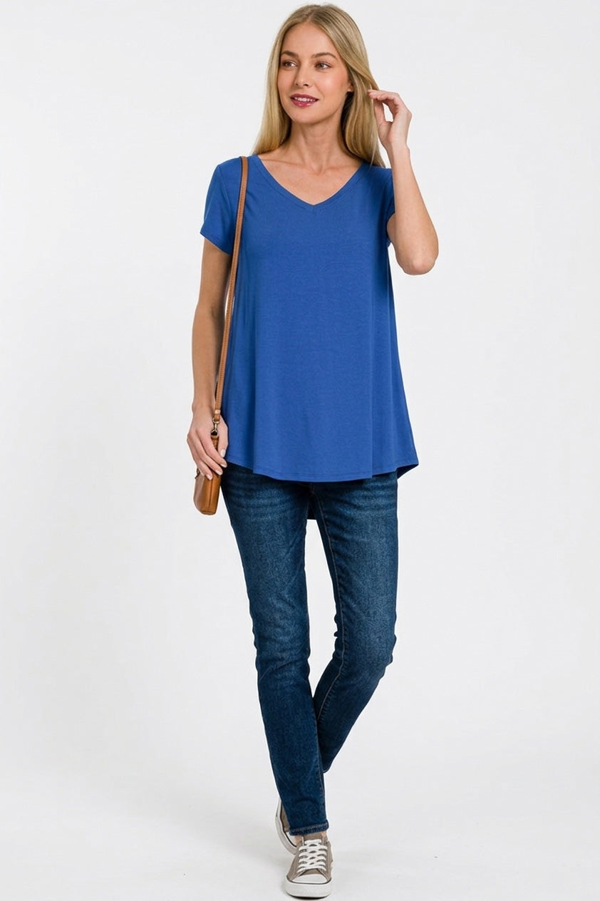 Rayon Short Sleeve V-Neck Round Hem Top in Light Navy for Women