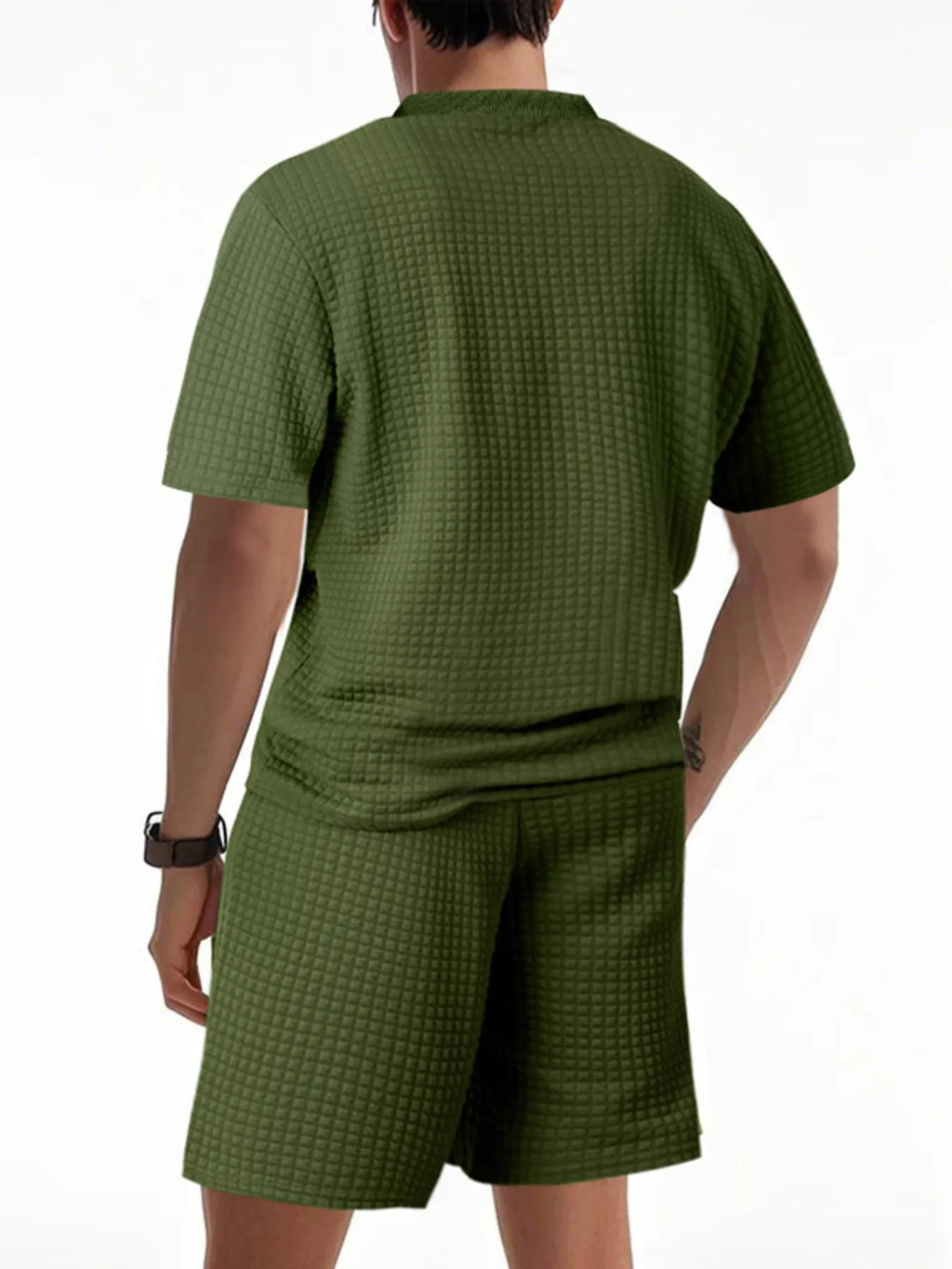 Textured Round Neck Top and Shorts Set Plus Size in White for Men