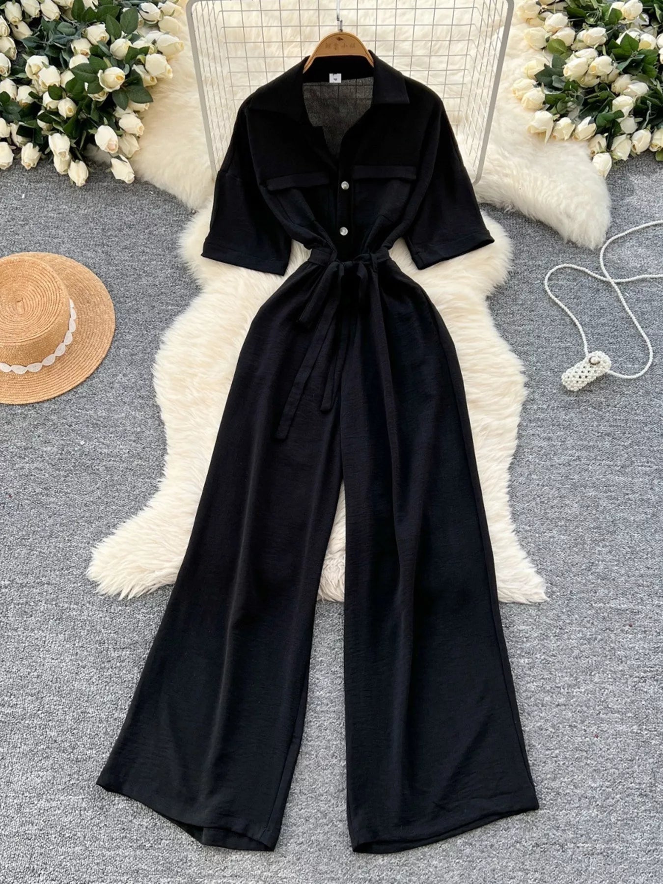 Pink Tie Waist Wide Leg Jumpsuit in Black for Women
