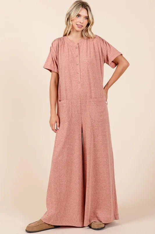 Button Detail Short Sleeve Wide Leg Jumpsuit in Ginger for Women