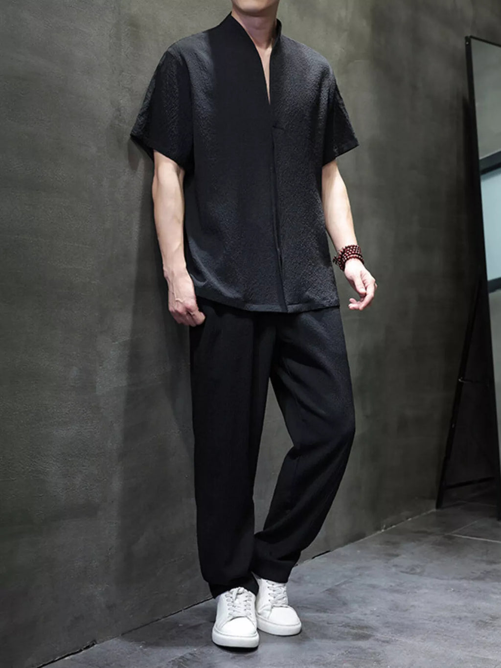 Plus Size Casual Short Sleeve Top and Pants Set in Black for Men
