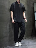 Plus Size Casual Short Sleeve Top and Pants Set in Black for Men