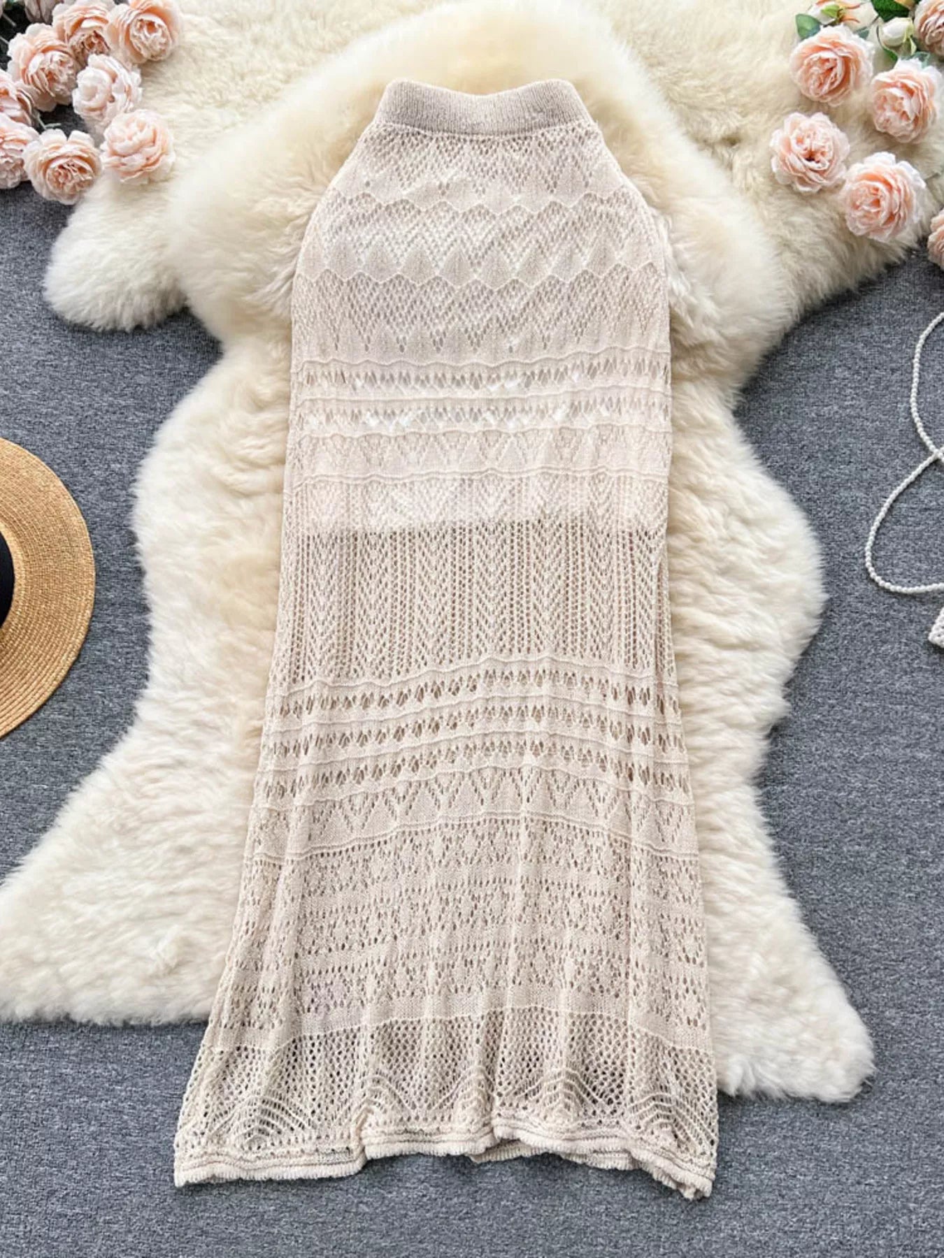 Knitted Hollow Out Maxi Skirt in White for Women