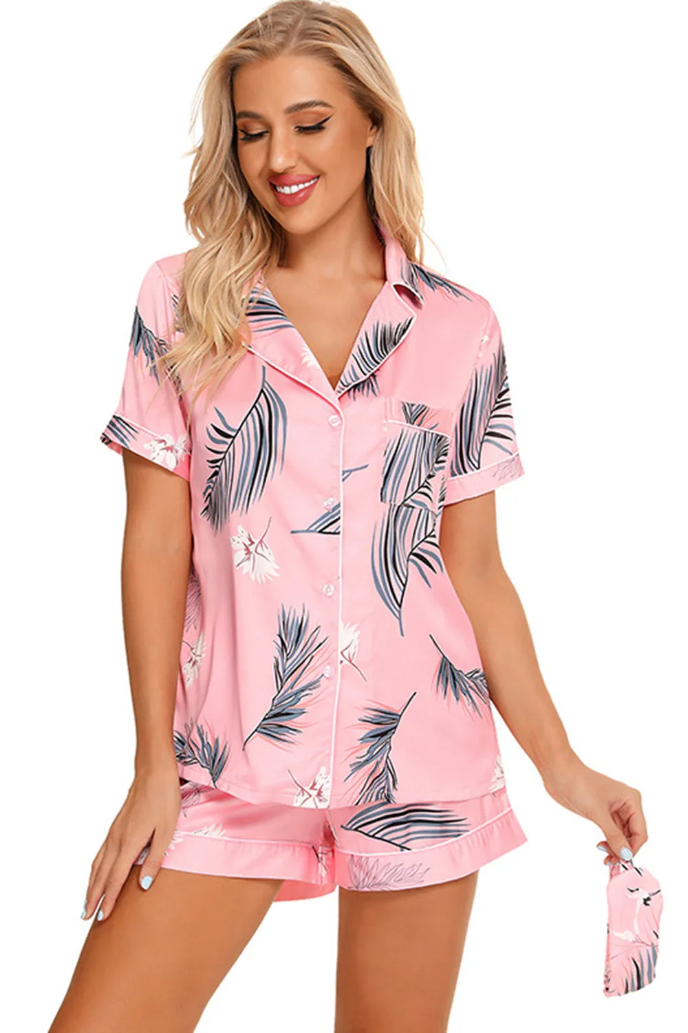 Printed Button Up Short Sleeve Top and Shorts Lounge Set in Pink for Women