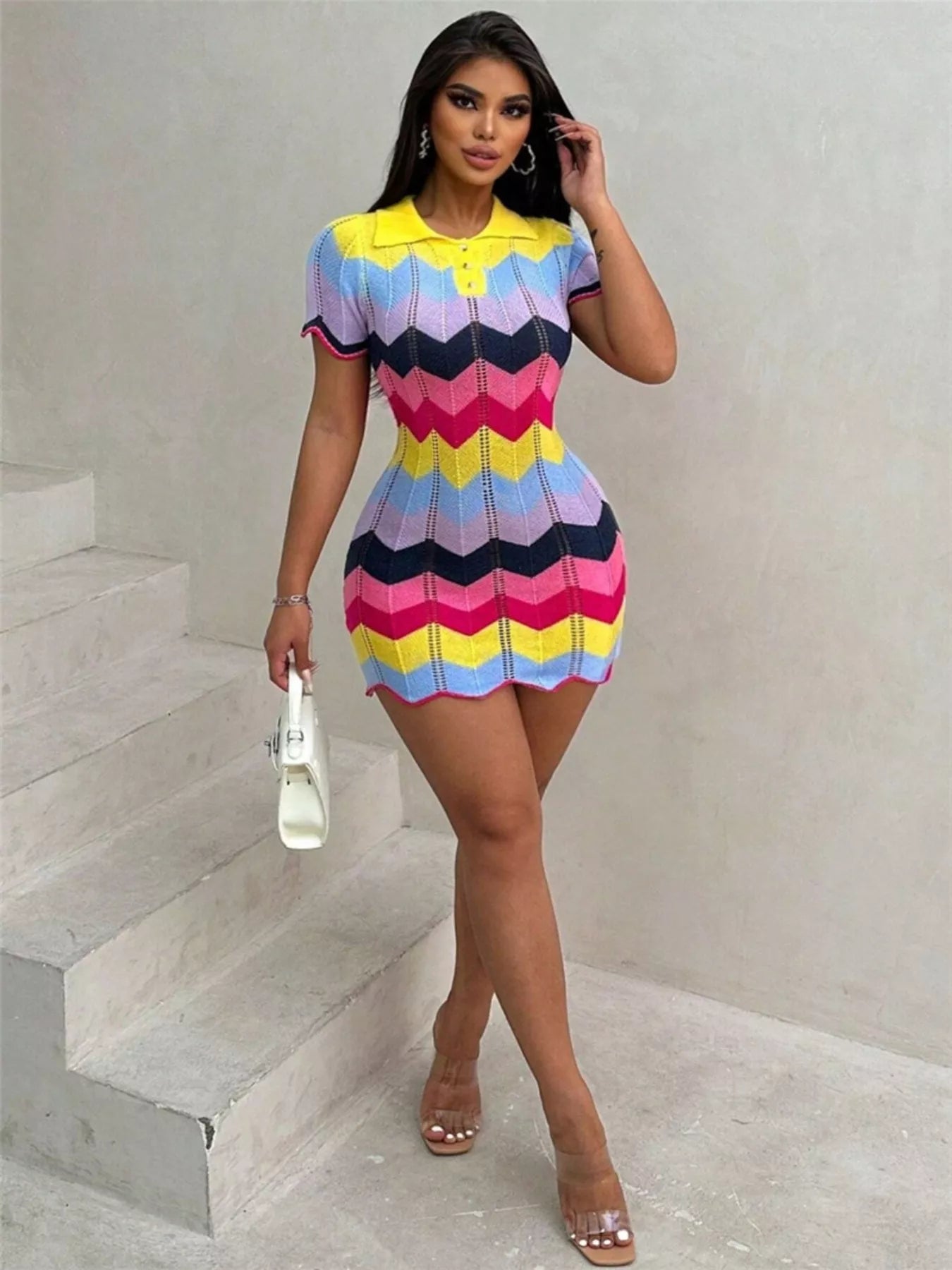 Chevron Knit Short Sleeve Sweater Dress in Orange for Women