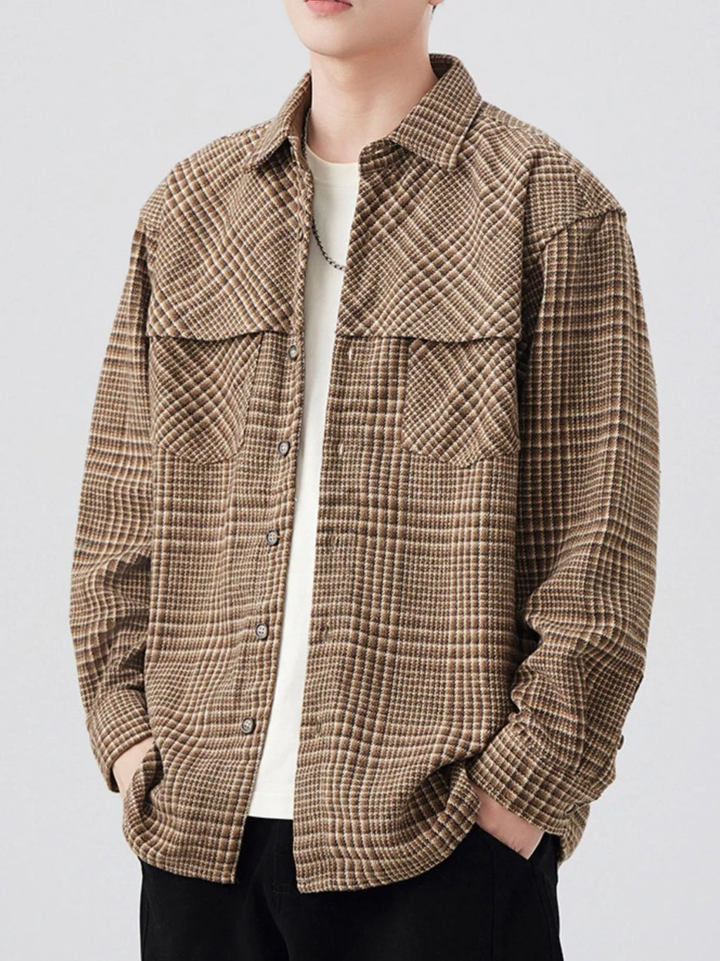 Plus Size Plaid Button Up Long Sleeve Shirt in Coffee Color for Men