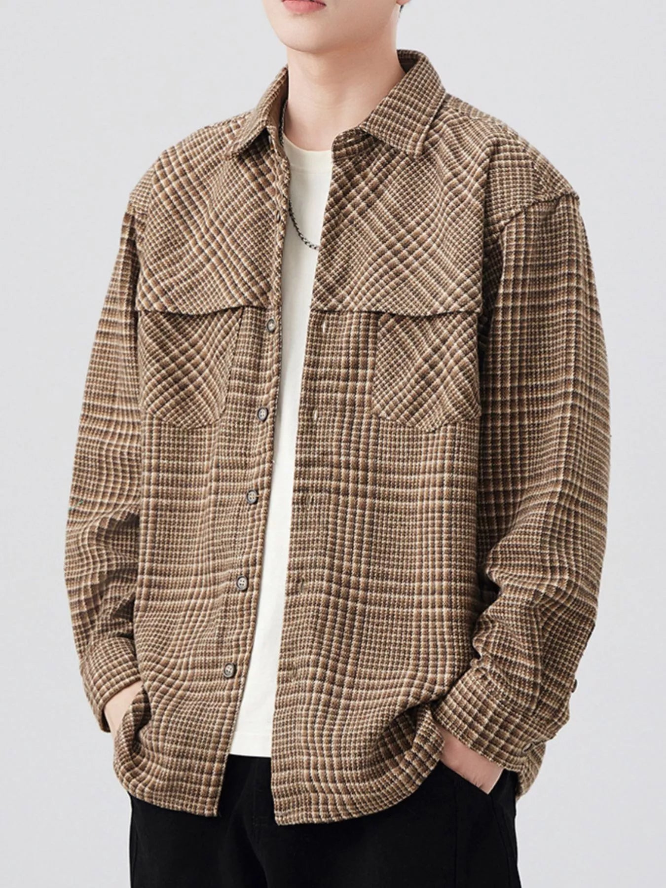 Plus Size Plaid Button Up Long Sleeve Shirt in Coffee Color for Men
