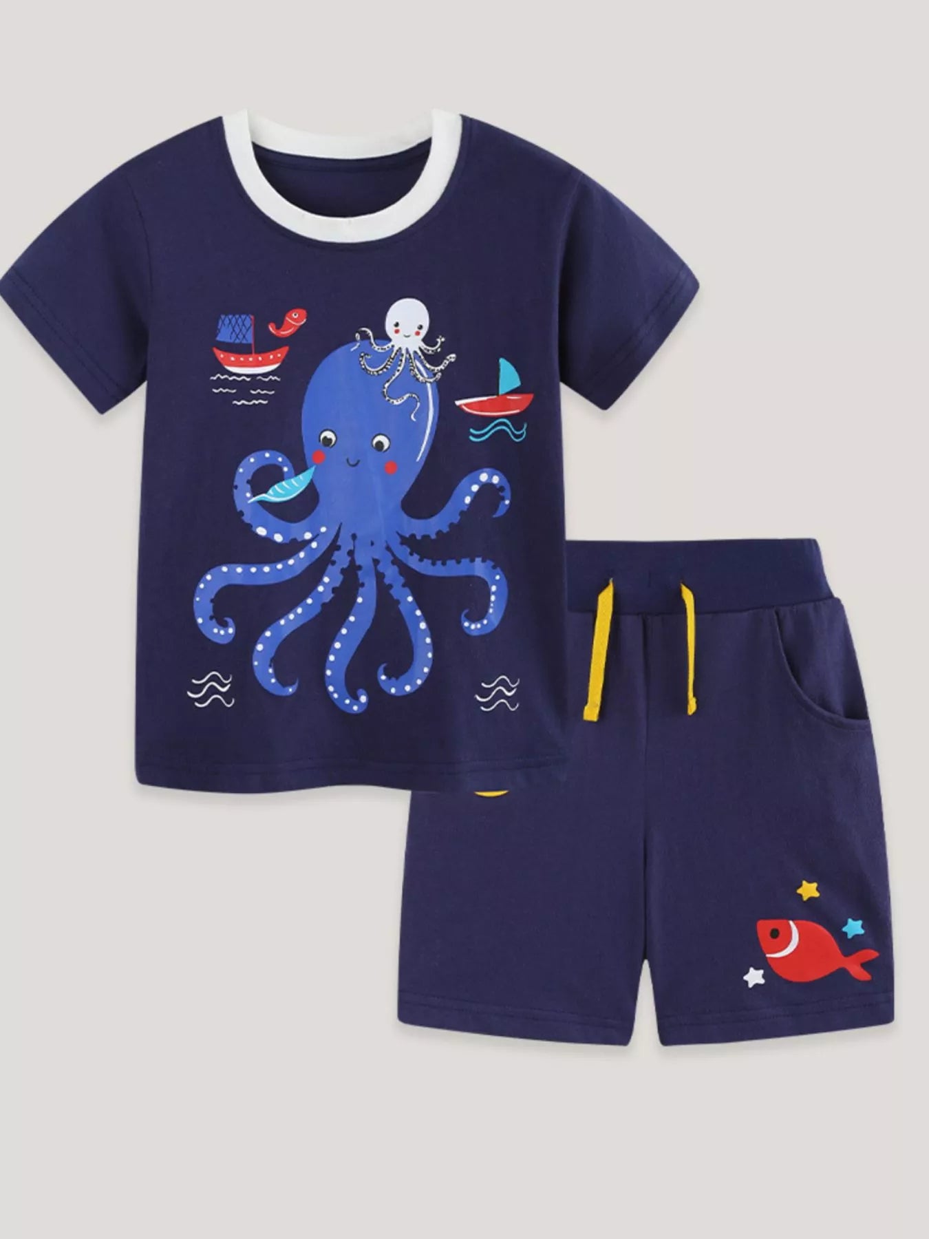 Octopus Graphic Tee and Shorts Set in Navy for Boys