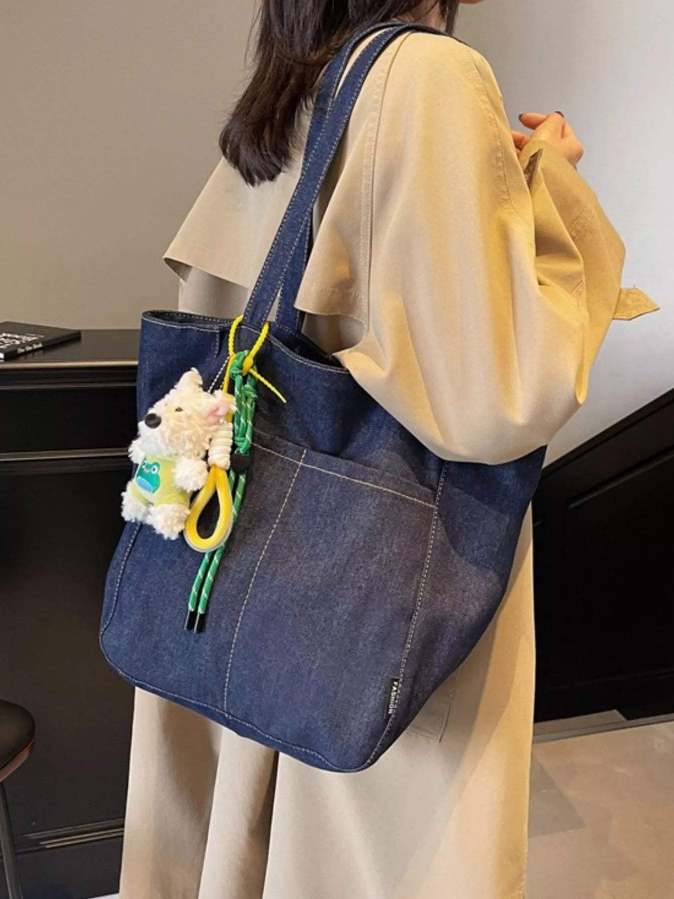 Denim Shoulder Bag with Cute Charm for Women
