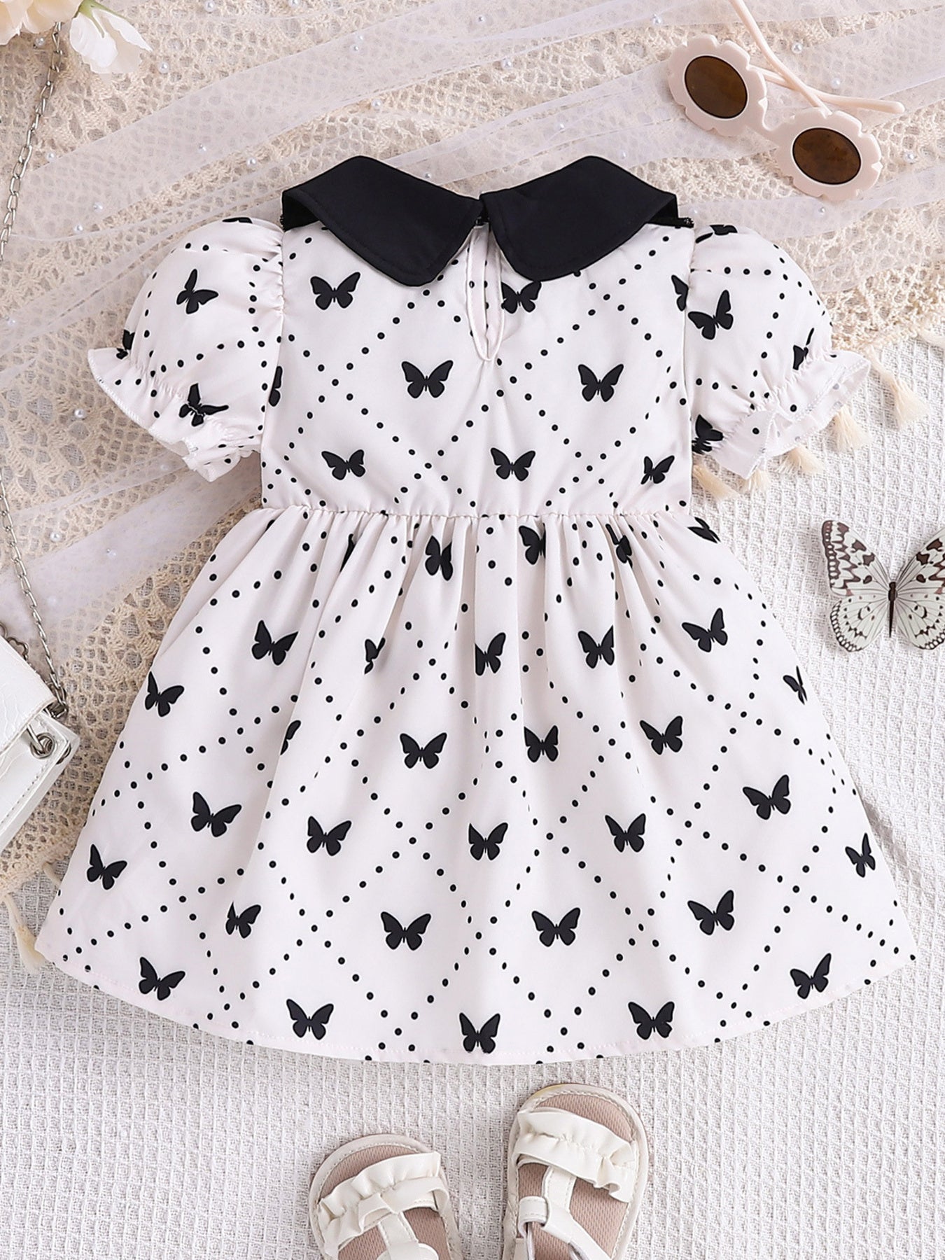 Butterfly Print Lace Trim Peter Pan Collar Dress for Girls