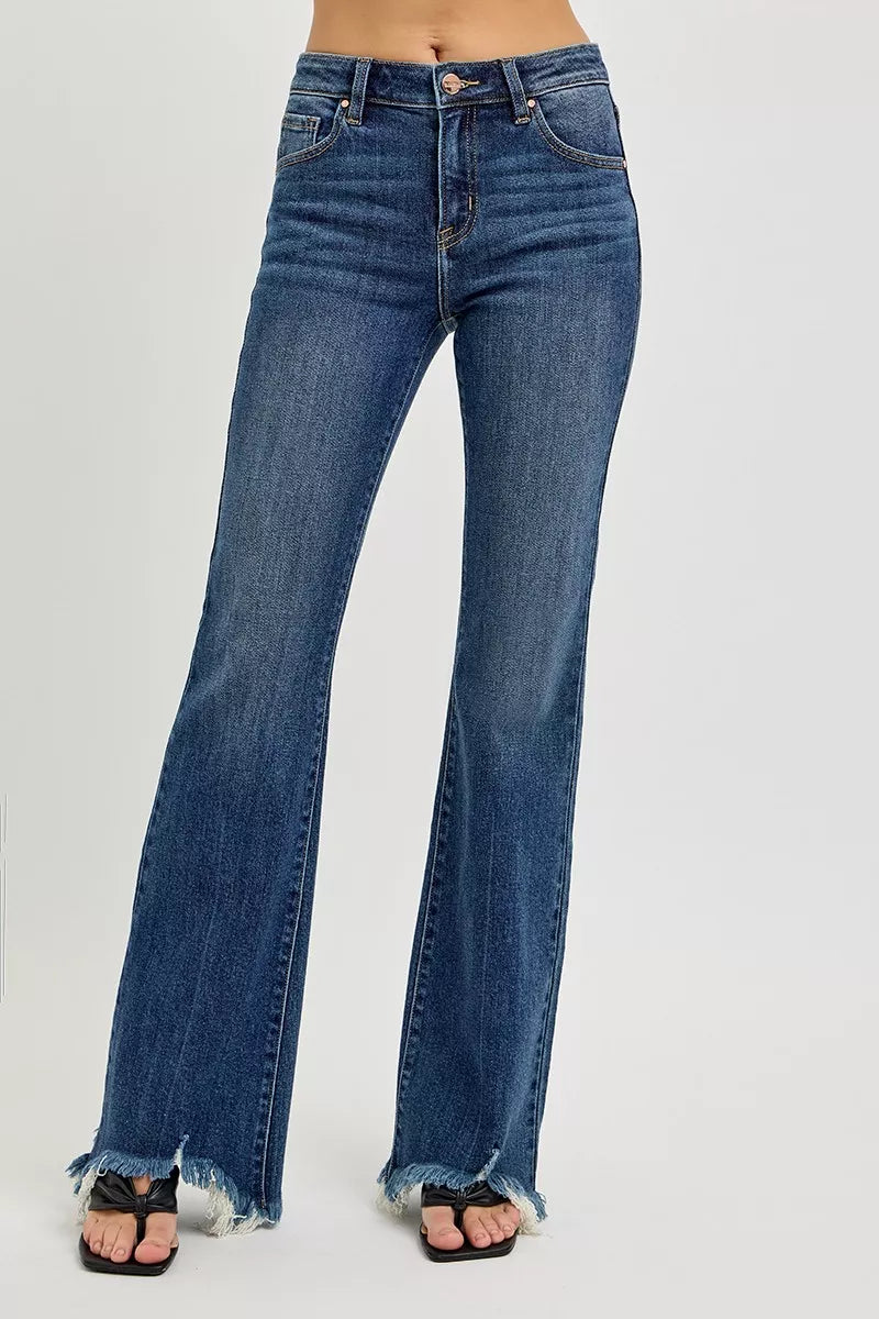 Mid Rise Flare Frayed Hem Jeans Plus Size in Dark for Women