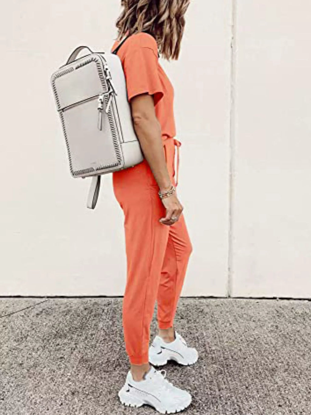 Round Neck Top and Drawstring Pants Set Plus Size in Grey for Women