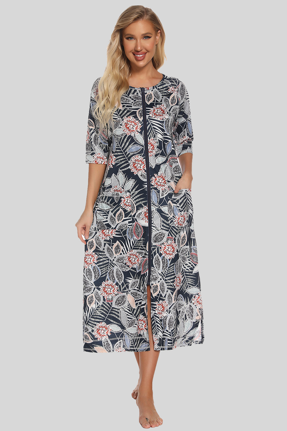 Printed Slit Night Dress with Pockets in Army Green for Women
