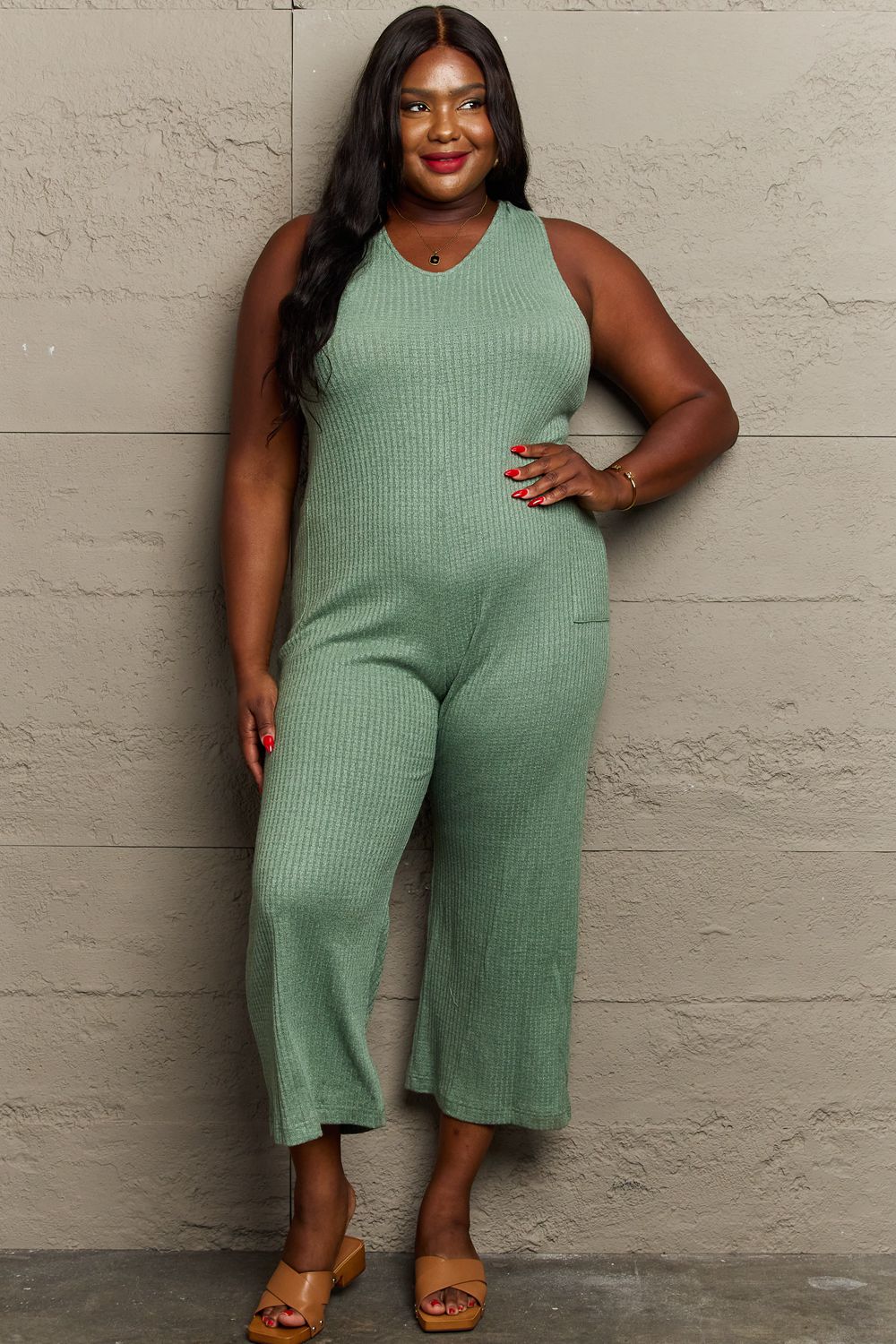 Dont Get It Twisted Plus Size Rib Knit Jumpsuit in Sage for Women