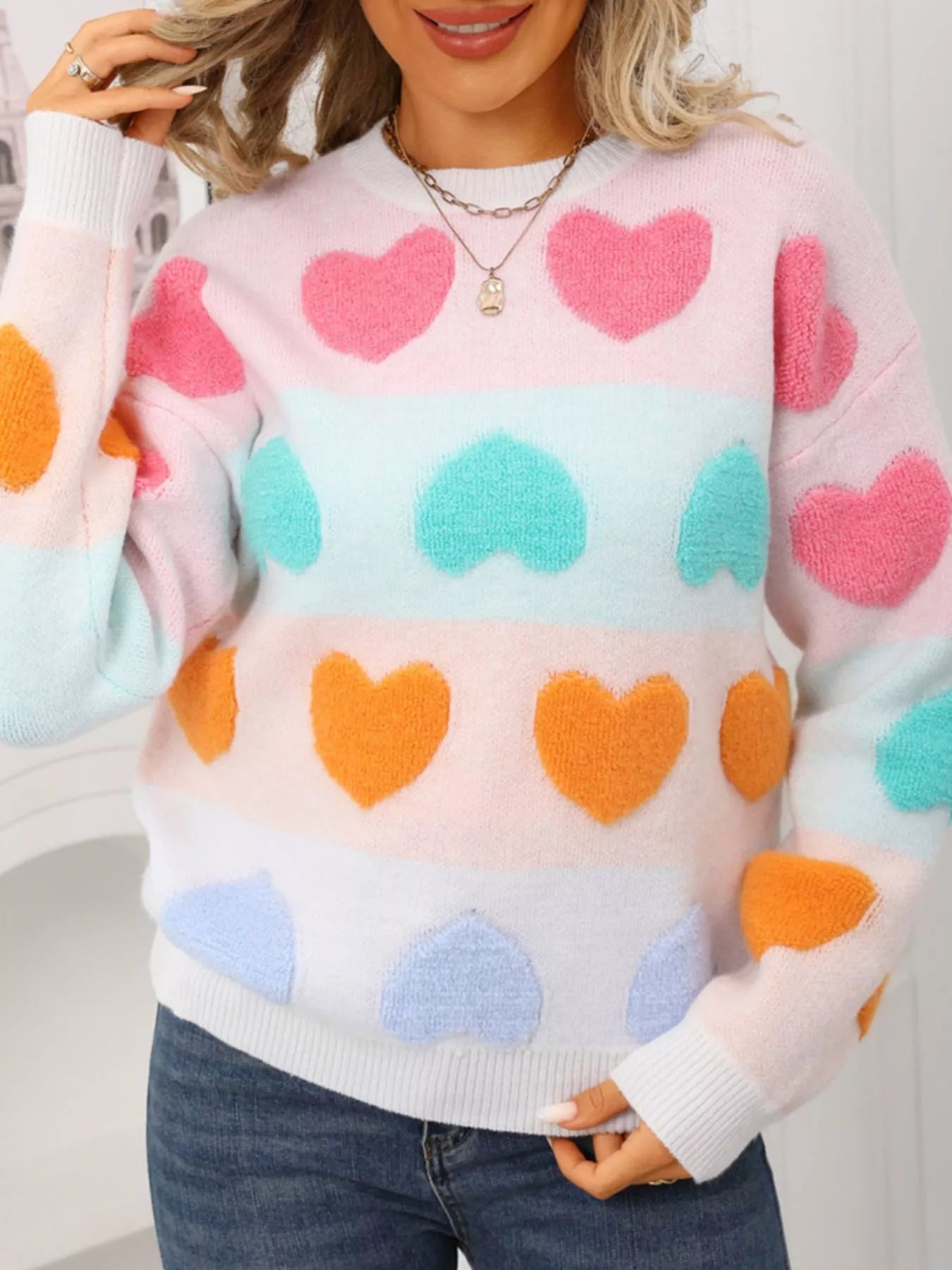 Valentines Day Heart Pattern Fuzzy Knit Sweater in White for Women