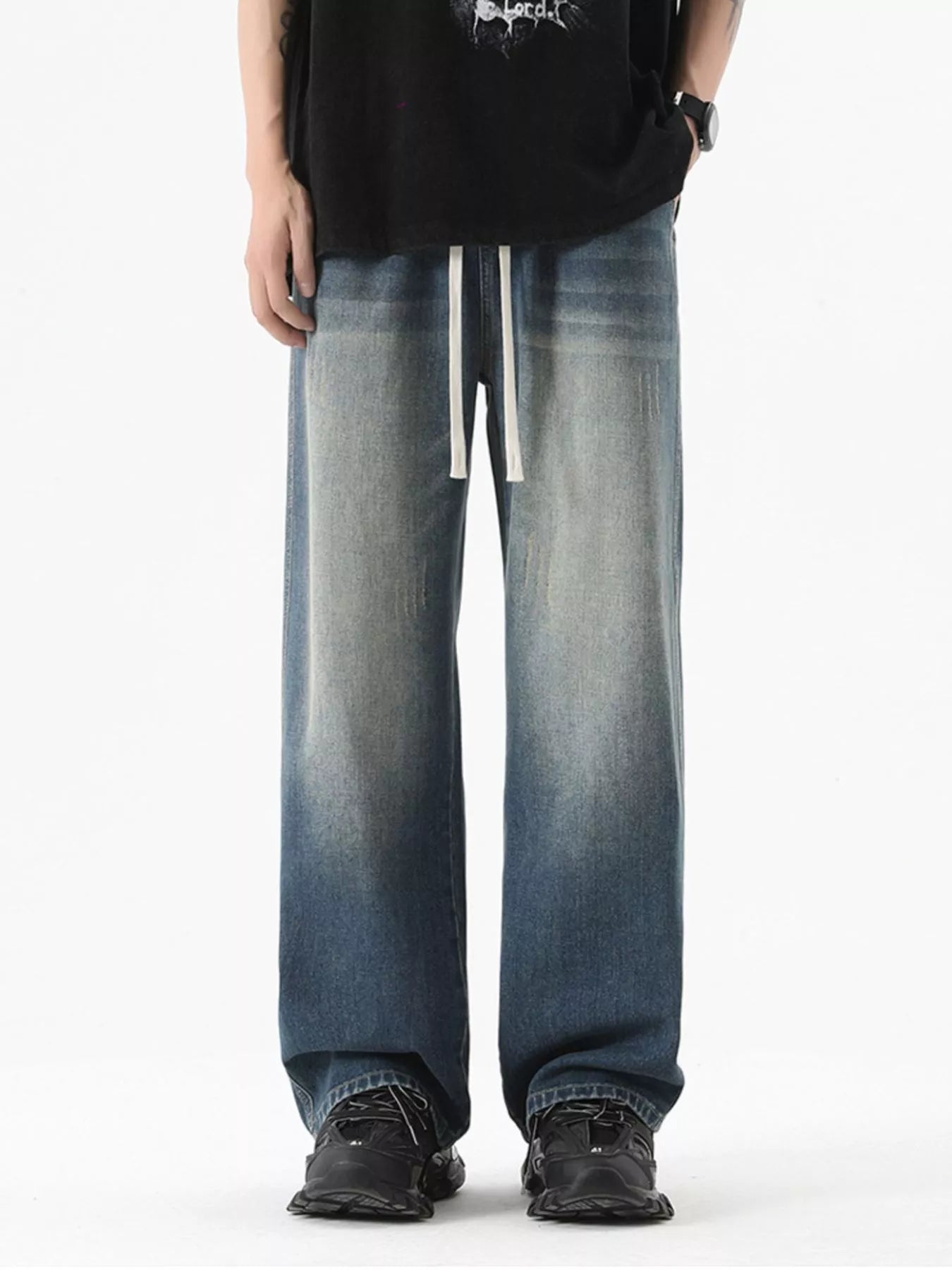 Vintage Wash Wide Leg Jeans Plus Size in Light Blue for Men