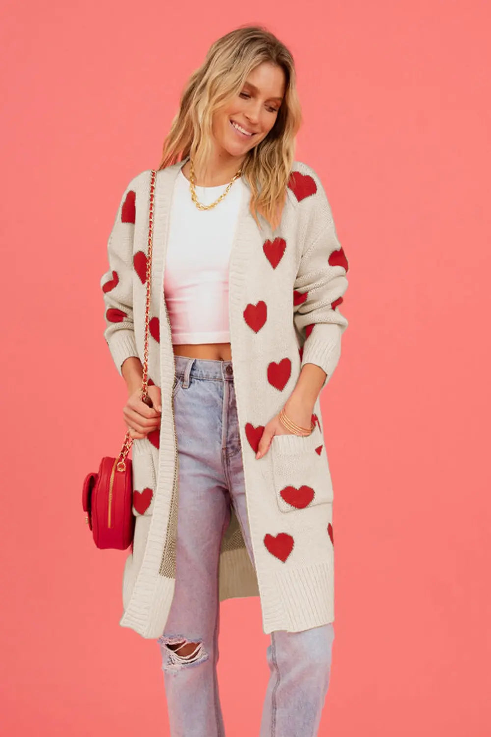 Heart Graphic Open Front Cardigan with Pockets in Cream for Women