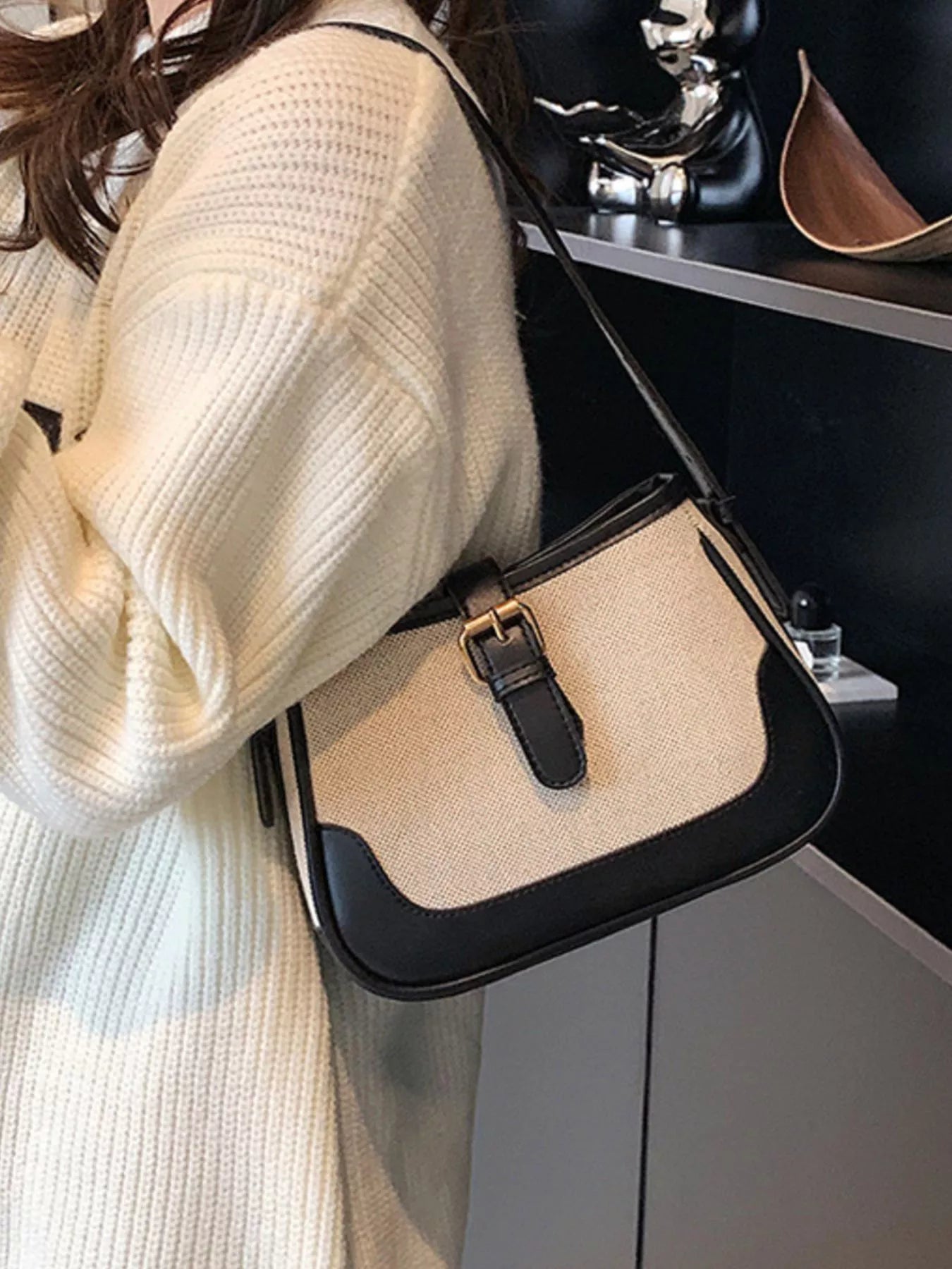 Contrast Buckle Shoulder Bag for Women