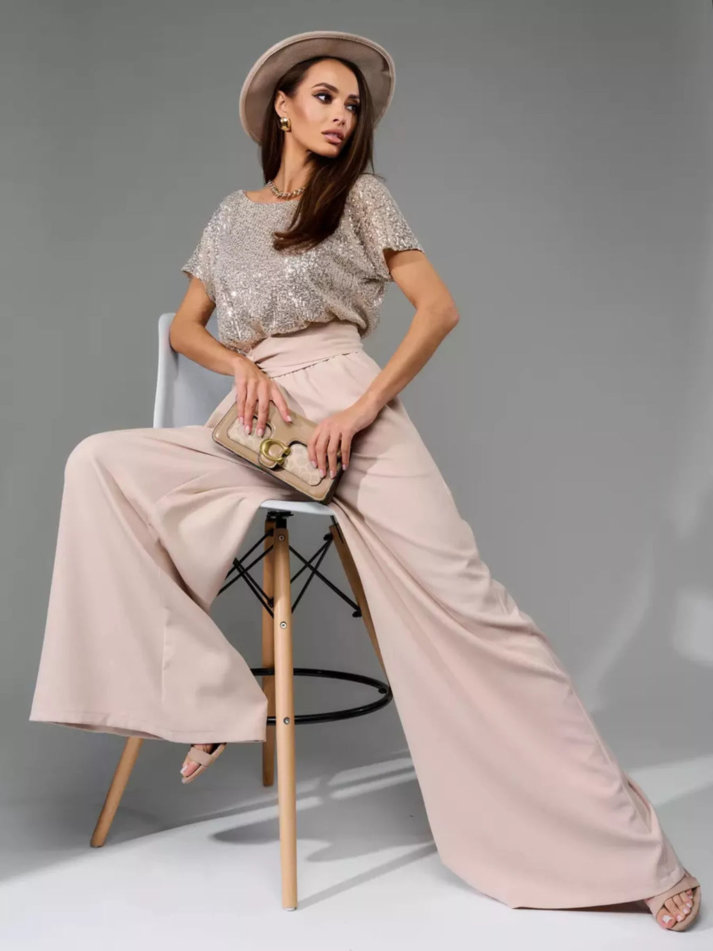 Plus Size Sequin Short Sleeve Wide Leg Jumpsuit in Apricot Silver for Women