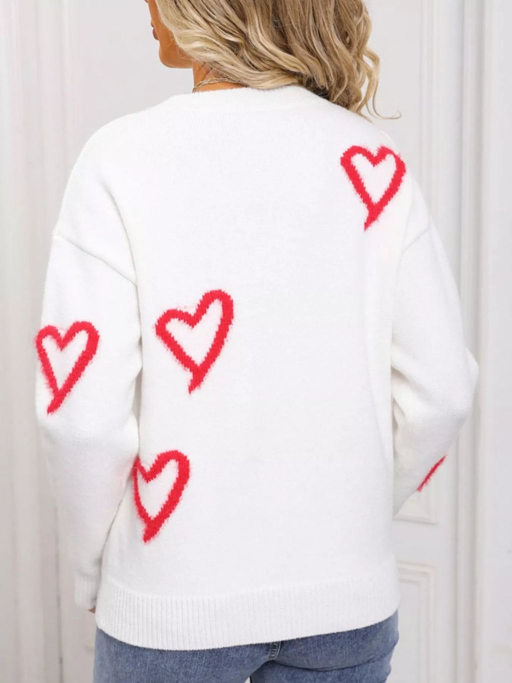 Valentines Day Heart Print Crew Neck Sweater for Women