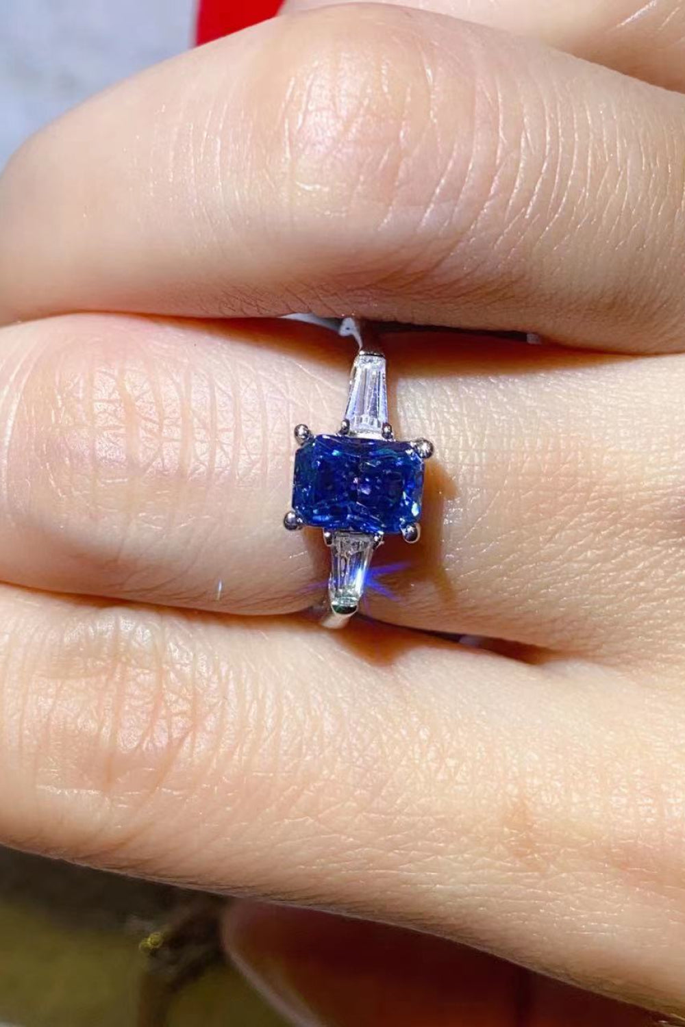 1 Carat Moissanite Platinum-Plated Rectangle Ring in Blue for Women