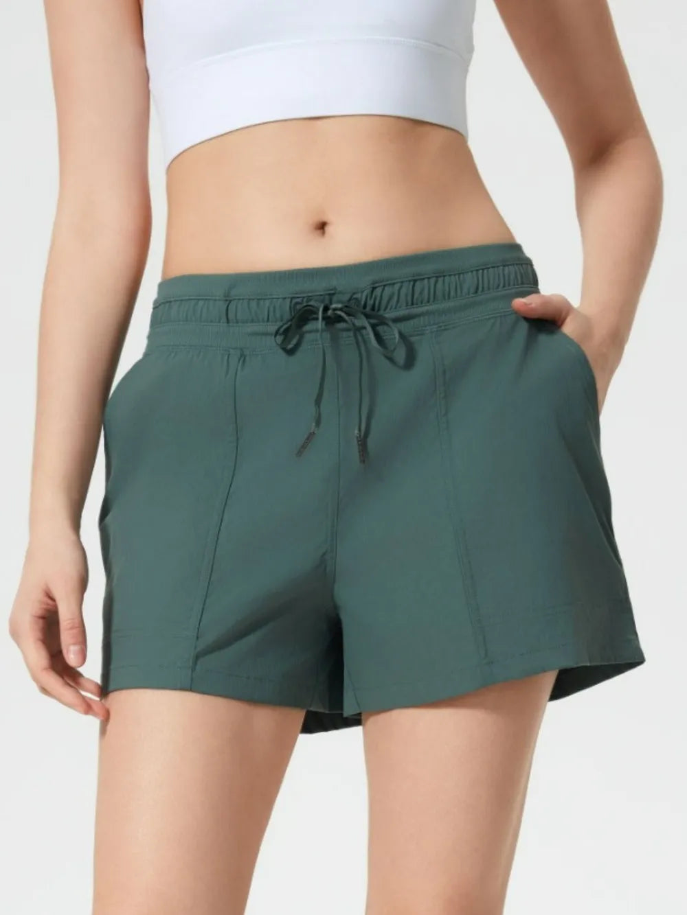 Drawstring Active Shorts with Pockets in Dark Green for Women