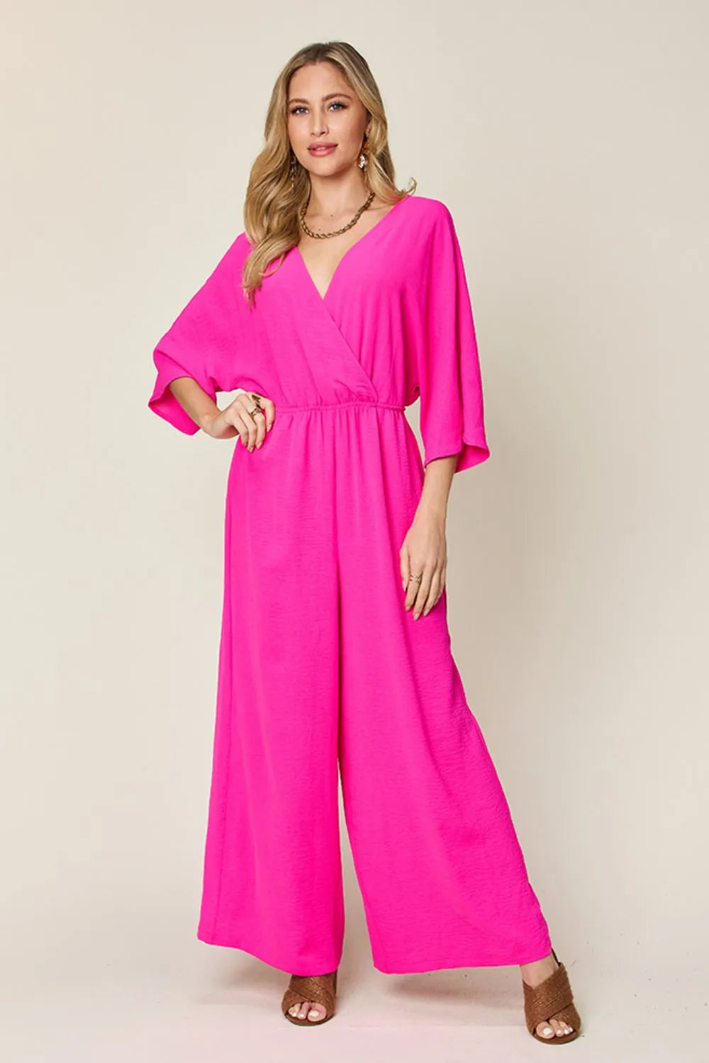 Plus Size Surplice Wide Leg Jumpsuit with Pockets in Hot Pink for Women