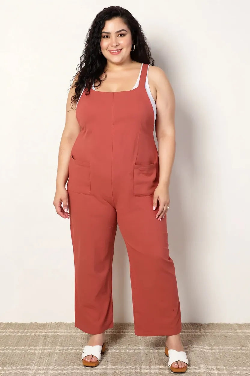 Perfee Wide Leg Overalls with Front Pockets in Orange-Red for Women